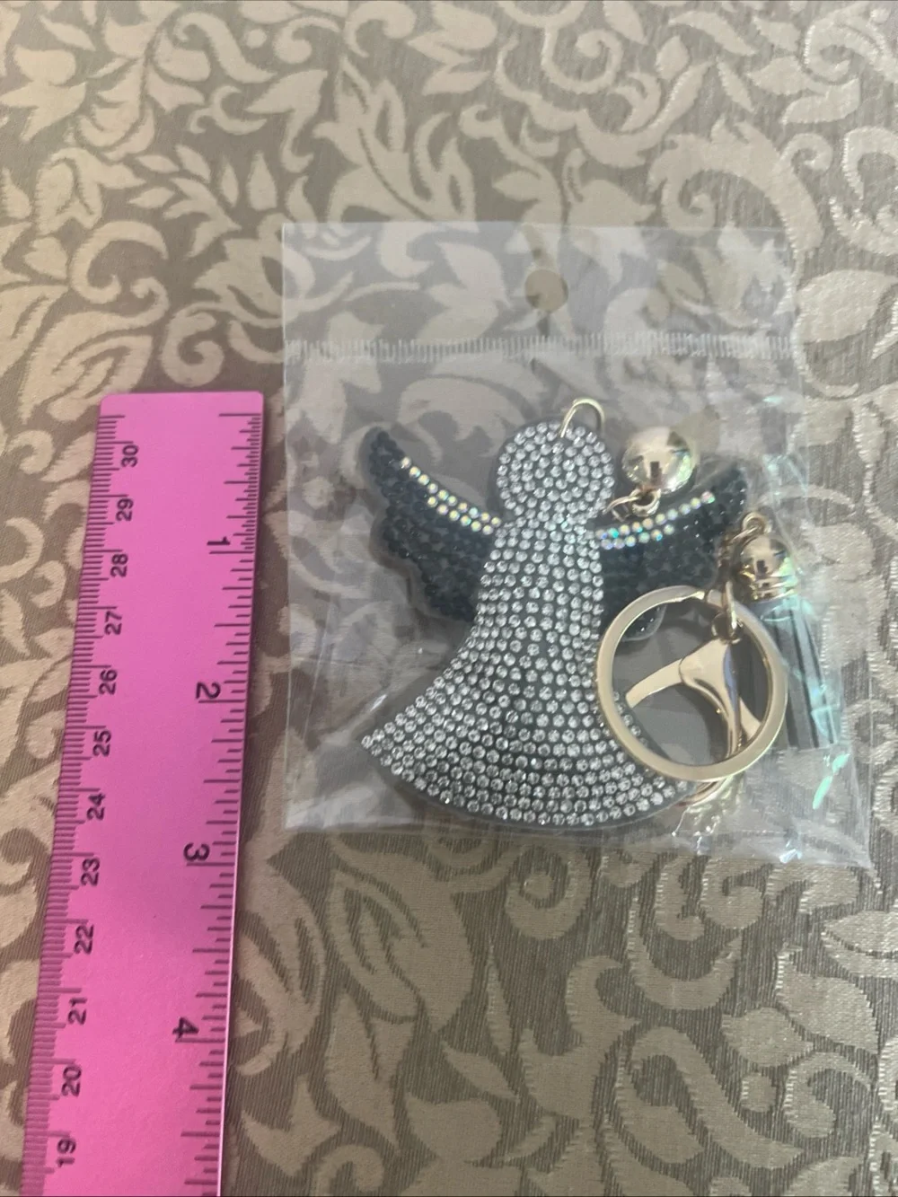 Angel Keychain Purse Charm Silver Black Rhinestones Religious Religion